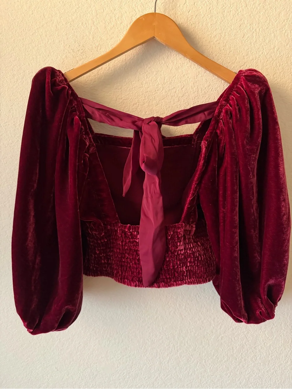 Free People Velvet Crop Top Burgundy Puff Sleeve Open Back Tie Women’s Small